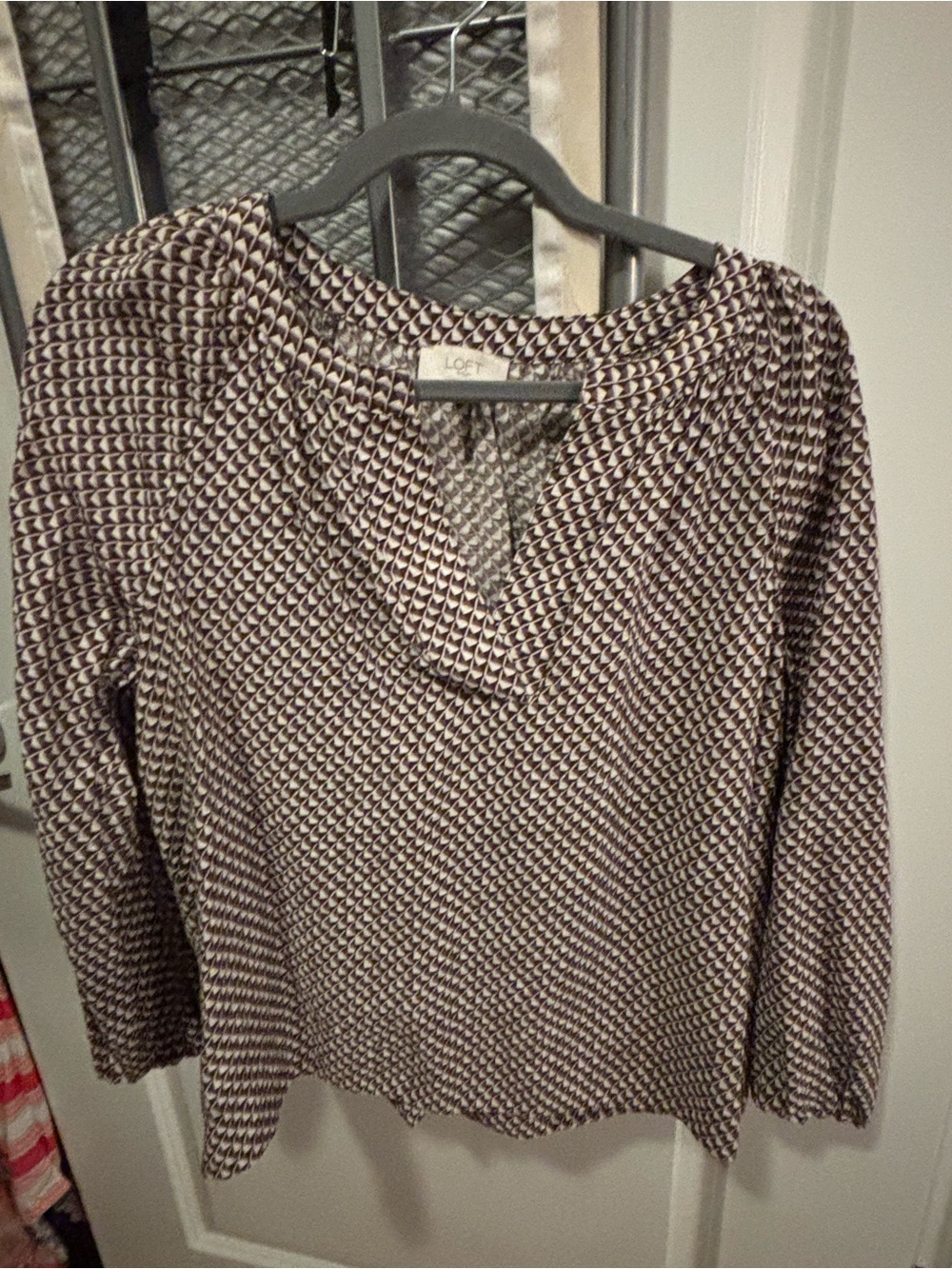 LOFT Burgundy Geo-Print Long Sleeve Blouse